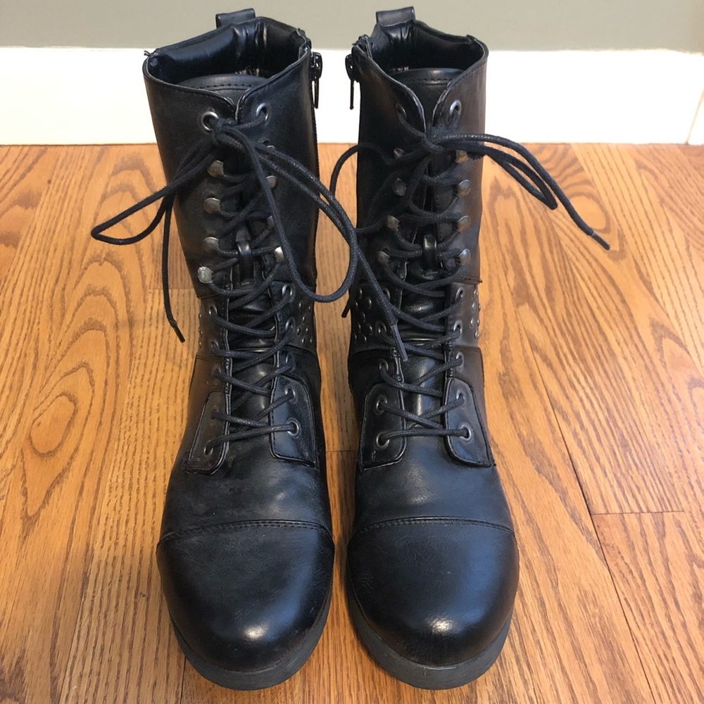 Pink & Pepper Studded Black Leather Combat Boots